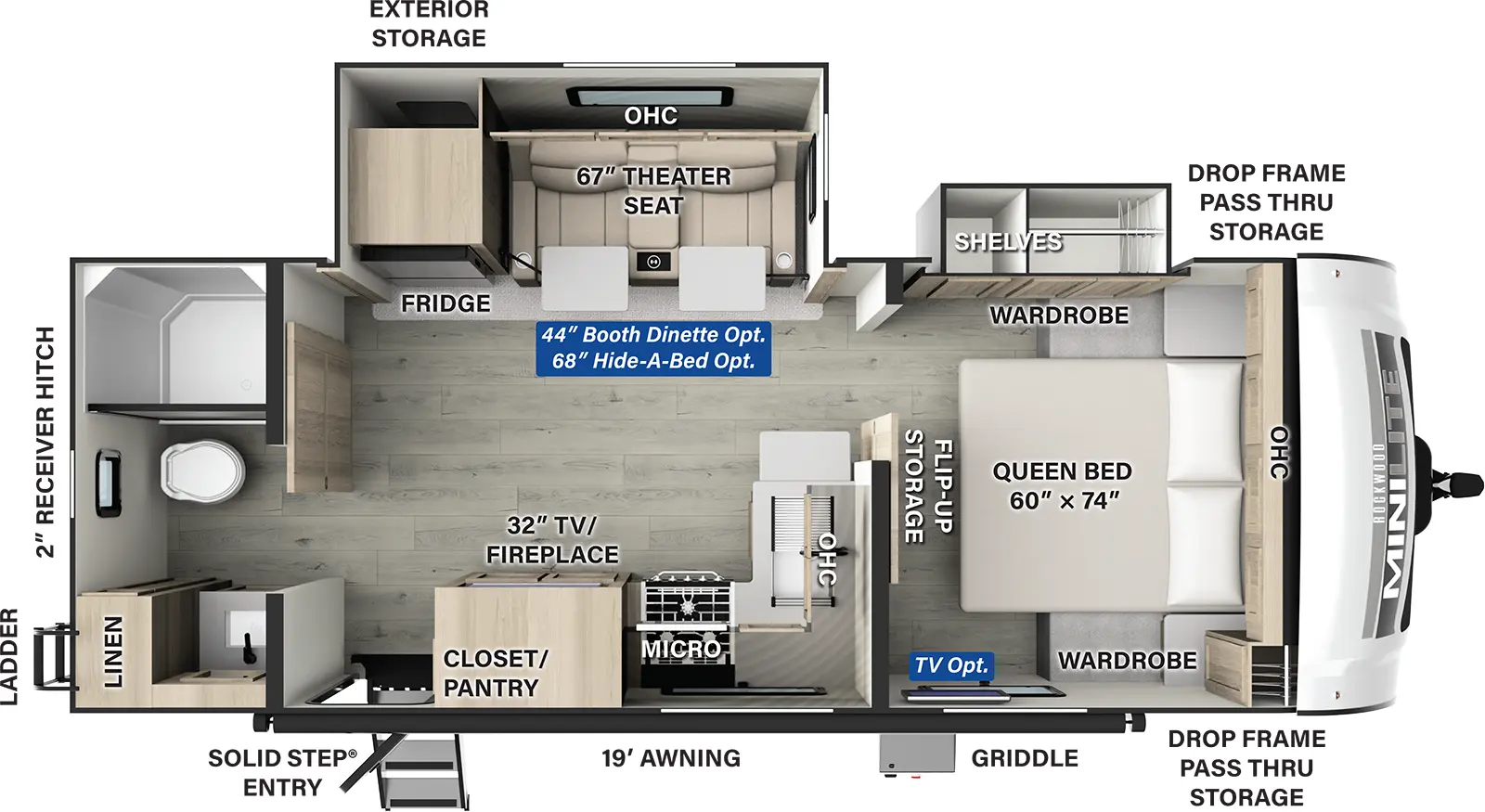 The Rockwood Mini Lite 2511S has one entry and two slide outs. Exterior features include: fiberglass exterior and 19' awning. Interiors features include: front bedroom and rear bathroom.